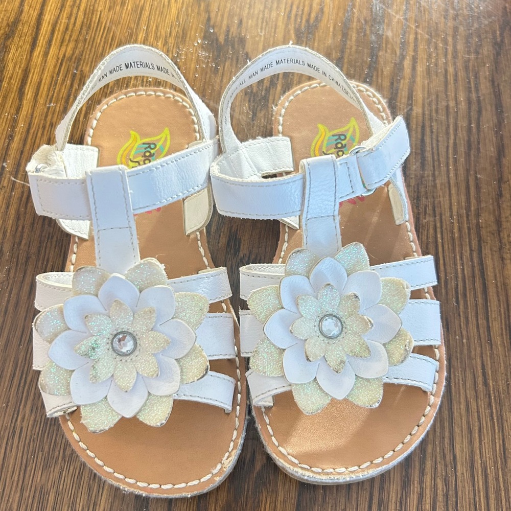Rachel Shoes Anya White Floral Glitter T-Strap Sandals Girls Size 9M